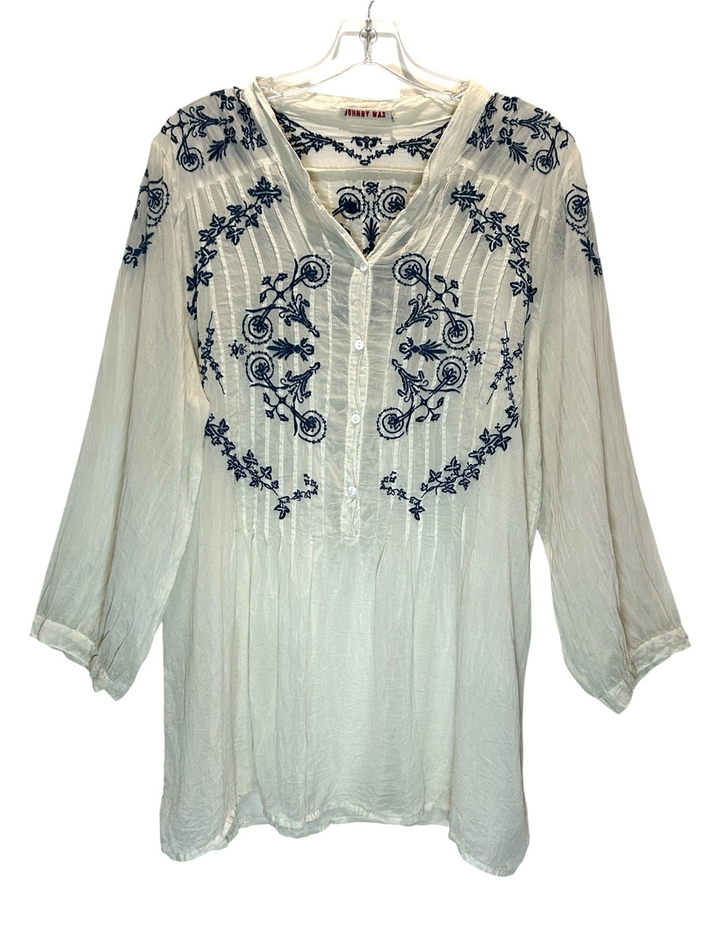 Johnny Was Ivory Gauzy Semi-Sheer Peasant Tunic w/ Navy Embroidery - Large